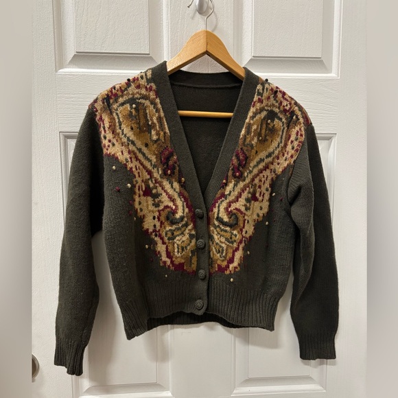 Vintage Lamb Wool Cardigan Women Knit Sweater Sz S Parsley Pattern Army Green - Picture 1 of 4